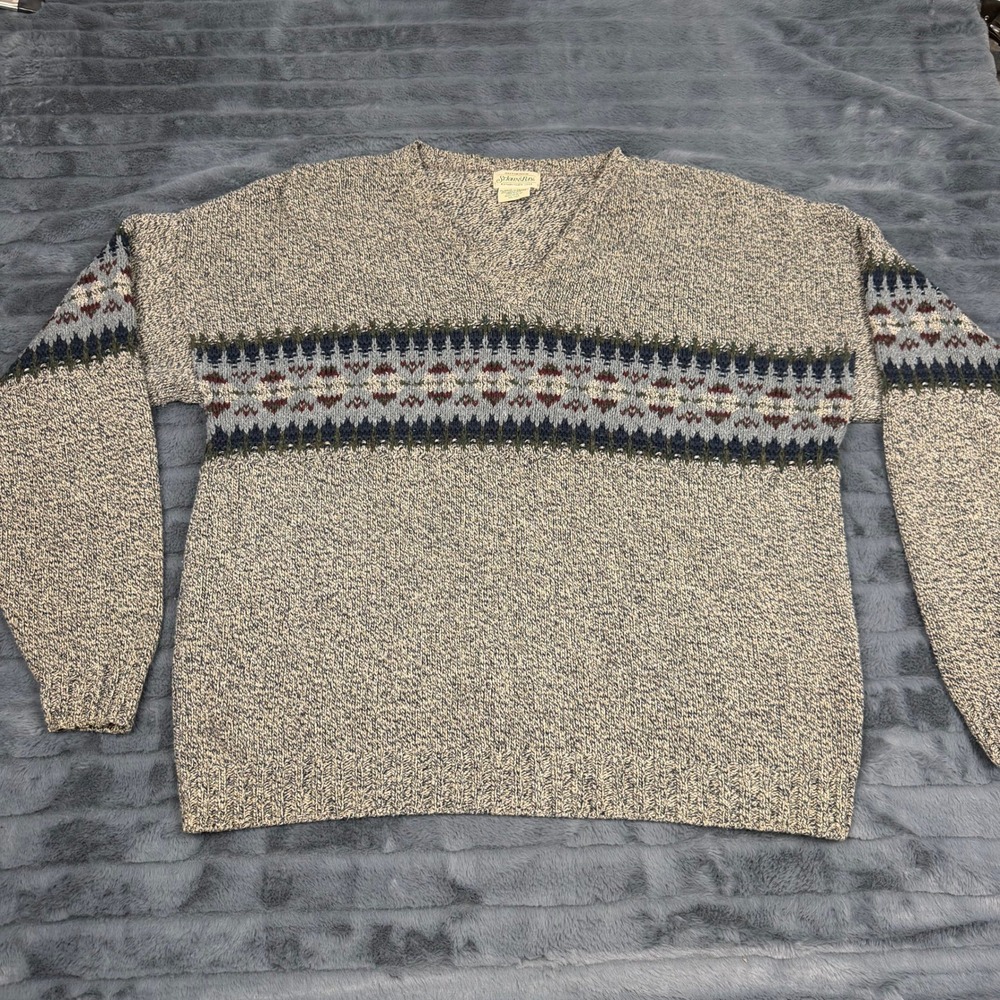 Vintage St Johns Bay Mens XL V-Neck Sweater Fair Isle Marled Knit Made in USA